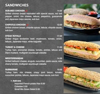 the menu for a sandwich shop is shown on a black background