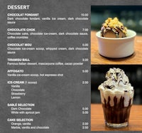 a menu with a variety of desserts on it