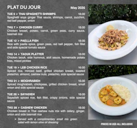 a menu with a plate of food and a bowl of rice