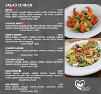 a menu with a variety of salads on it