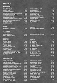 a chalkboard menu with a list of whiskeys
