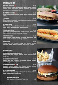 a menu with sandwiches and fries on a black background