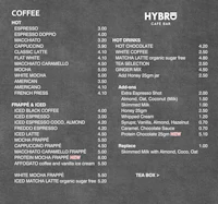 the menu for hybrid coffee