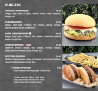 the menu for burgers and fries