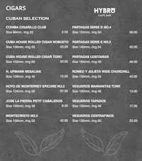 a menu for a bar with different types of cigars