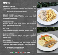 a menu with fish and fries on it