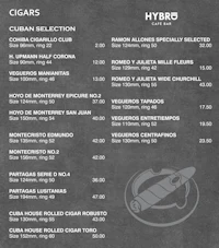 a black and white menu for a cigar shop