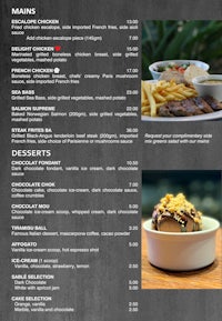 a menu with a variety of food and drinks