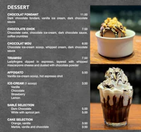 a menu with a variety of desserts on it